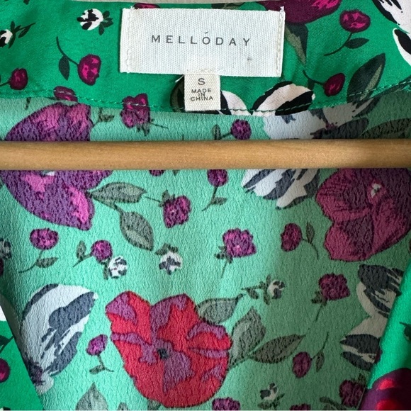 Melloday Green Floral Wrap Midi Dress Small – Long Sleeve Ruffle Hem V-Neck - Picture 7 of 10